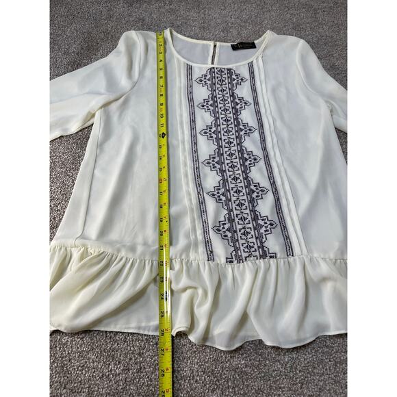KLD Signature Women's Ruffle Hem Sequin Beaded Embroidered Sheer Blouses Cream L - Picture 12 of 13